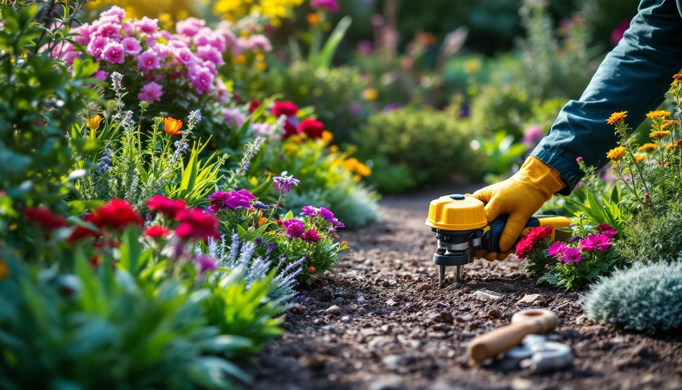 Gardener using edgetrimmer on flower bed with colorful blooms in landscaped garden