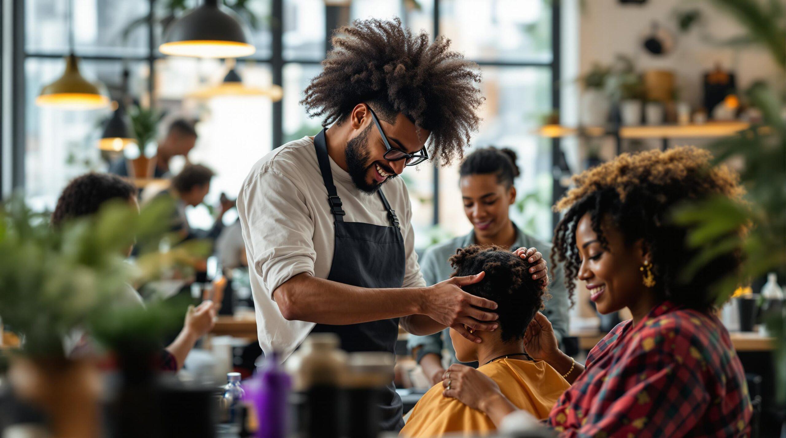 Hair stylist applying styling product to client's hair in modern salon with plants and warm lighting