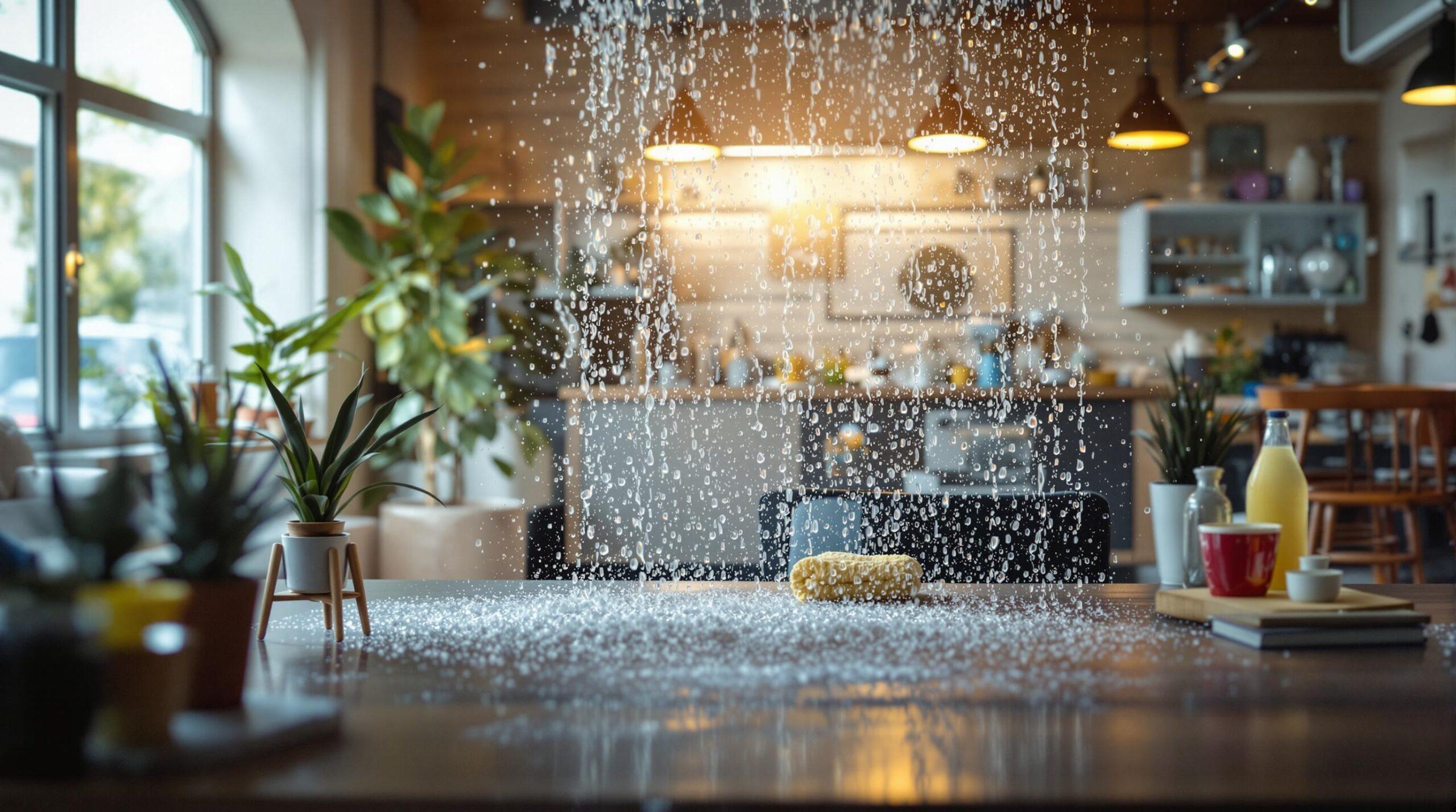 Modern kitchen with water droplets cascading across counter, potted plants, and bright natural light from windows