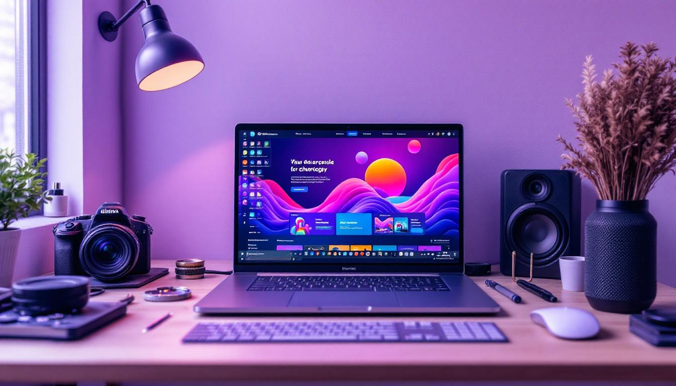 Creative workspace with laptop displaying colorful AI design interface, camera, speaker, and plants under purple lighting