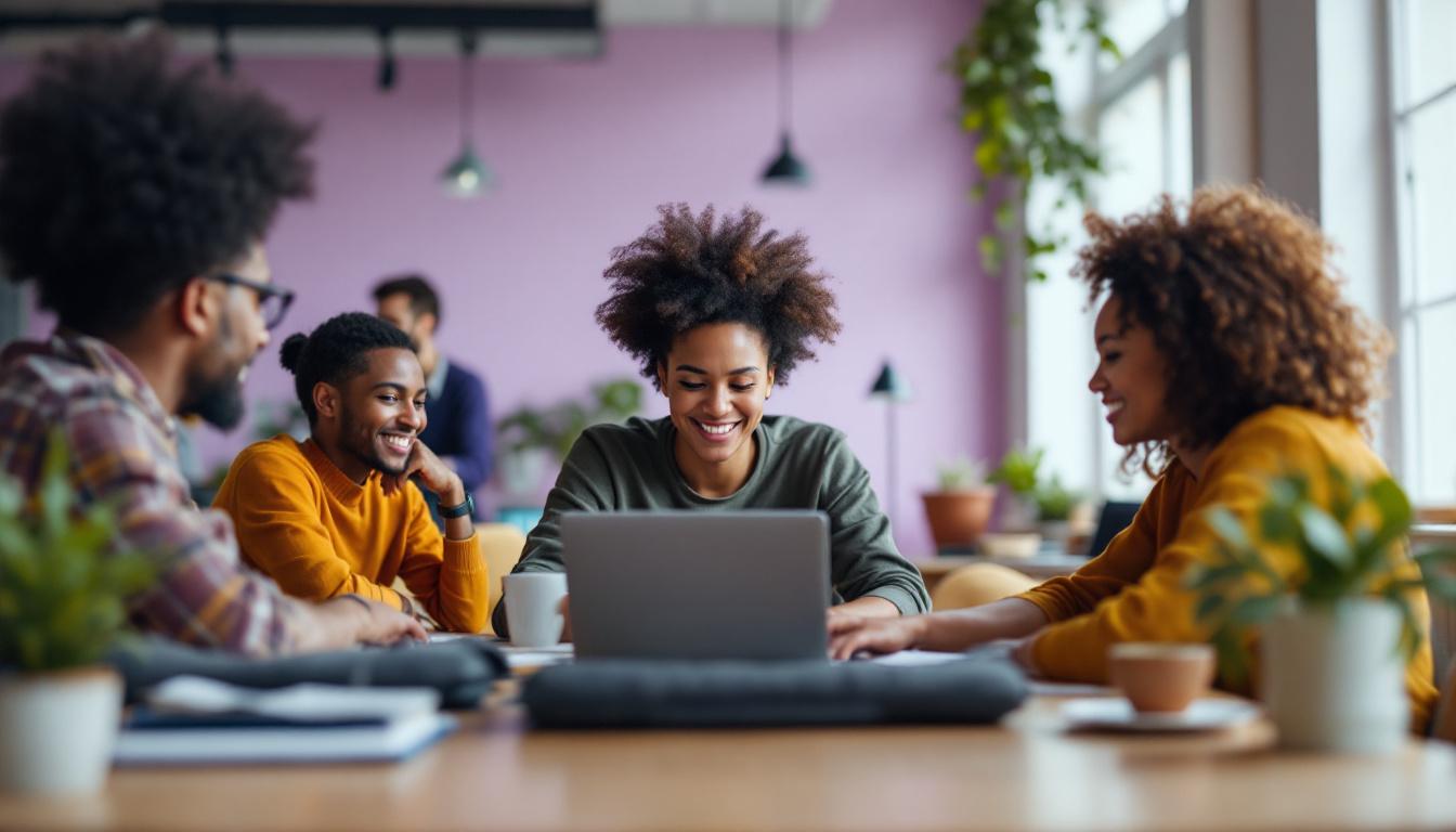 Young professionals collaborating around laptop at modern office desk with plants and pink wall background