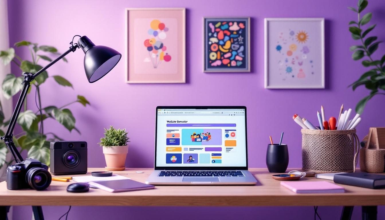 Creative workspace with laptop displaying website generator interface, surrounded by design tools and plants on purple