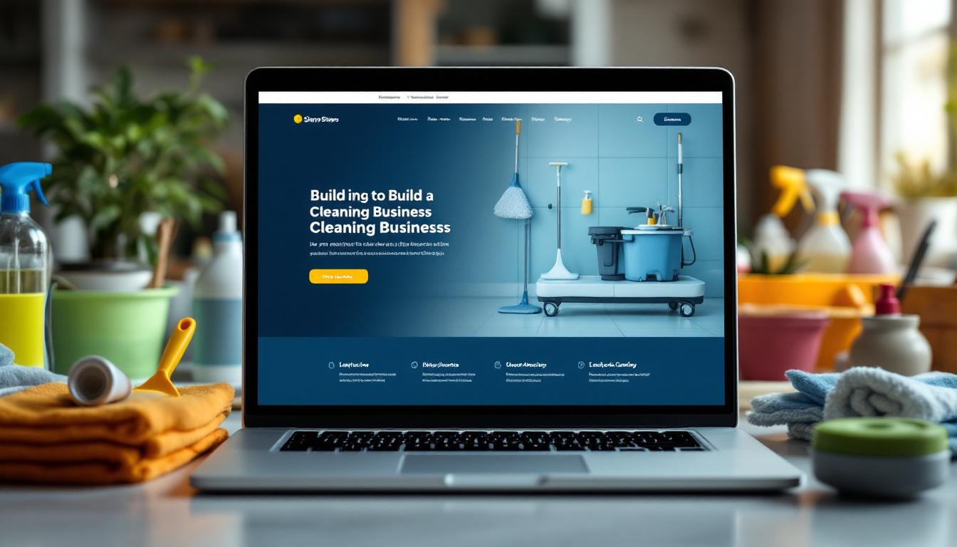 Laptop displaying cleaning business website with professional cleaning supplies and tools on blue background