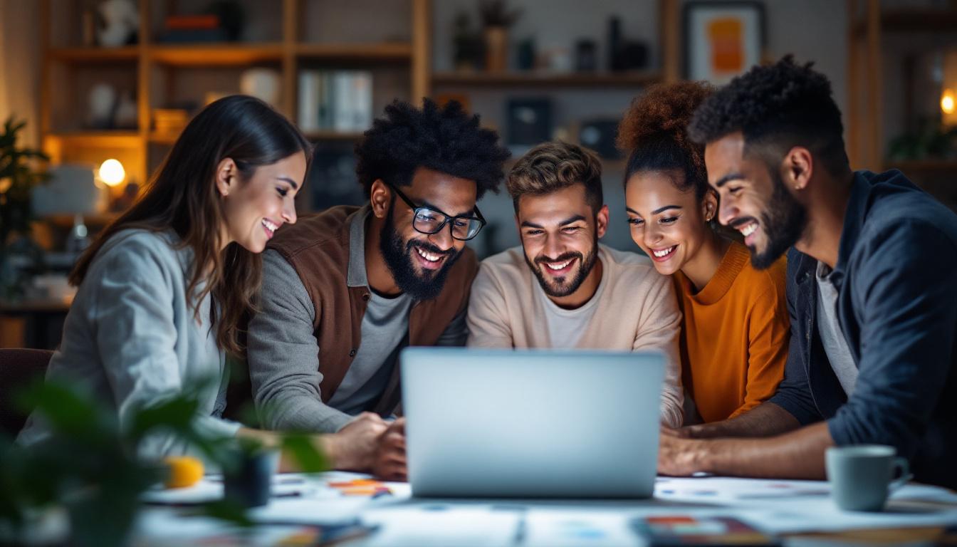 Diverse team of six professionals smiling while collaborating on laptop at office desk with documents