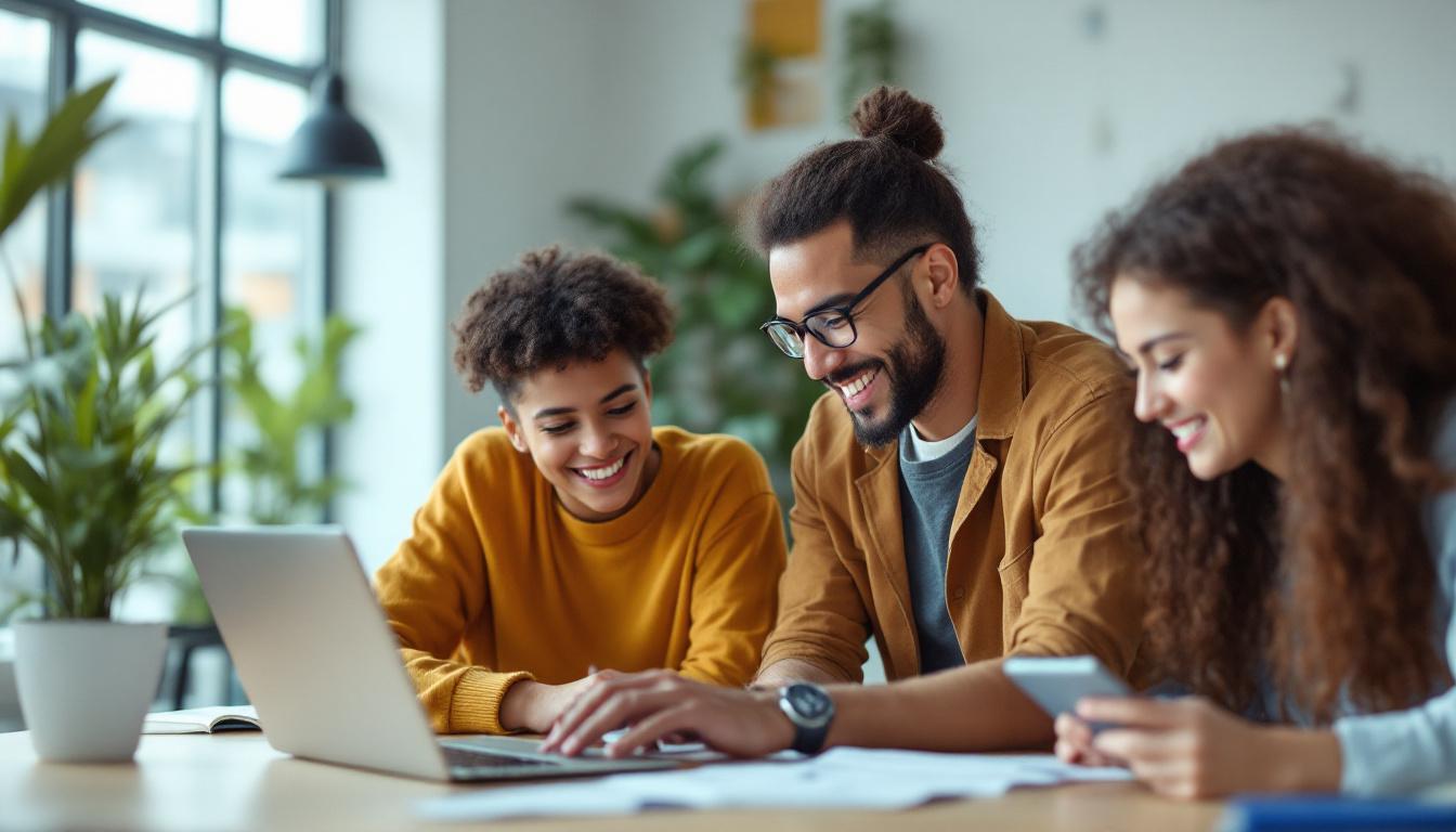 Three professionals collaborating at laptop in bright office with plants, discussing online tutoring platform strategy.