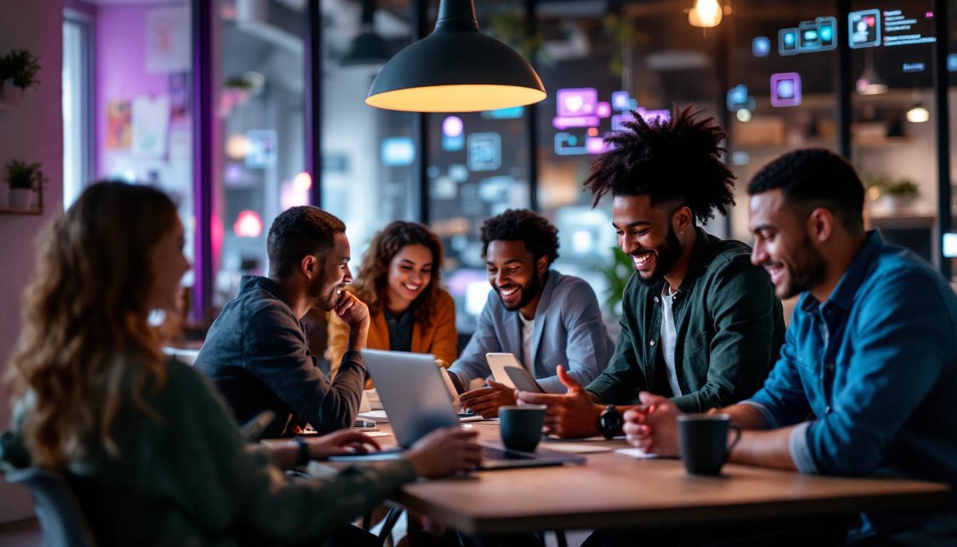 Diverse team collaborating at table with laptops and phones in modern office space at night