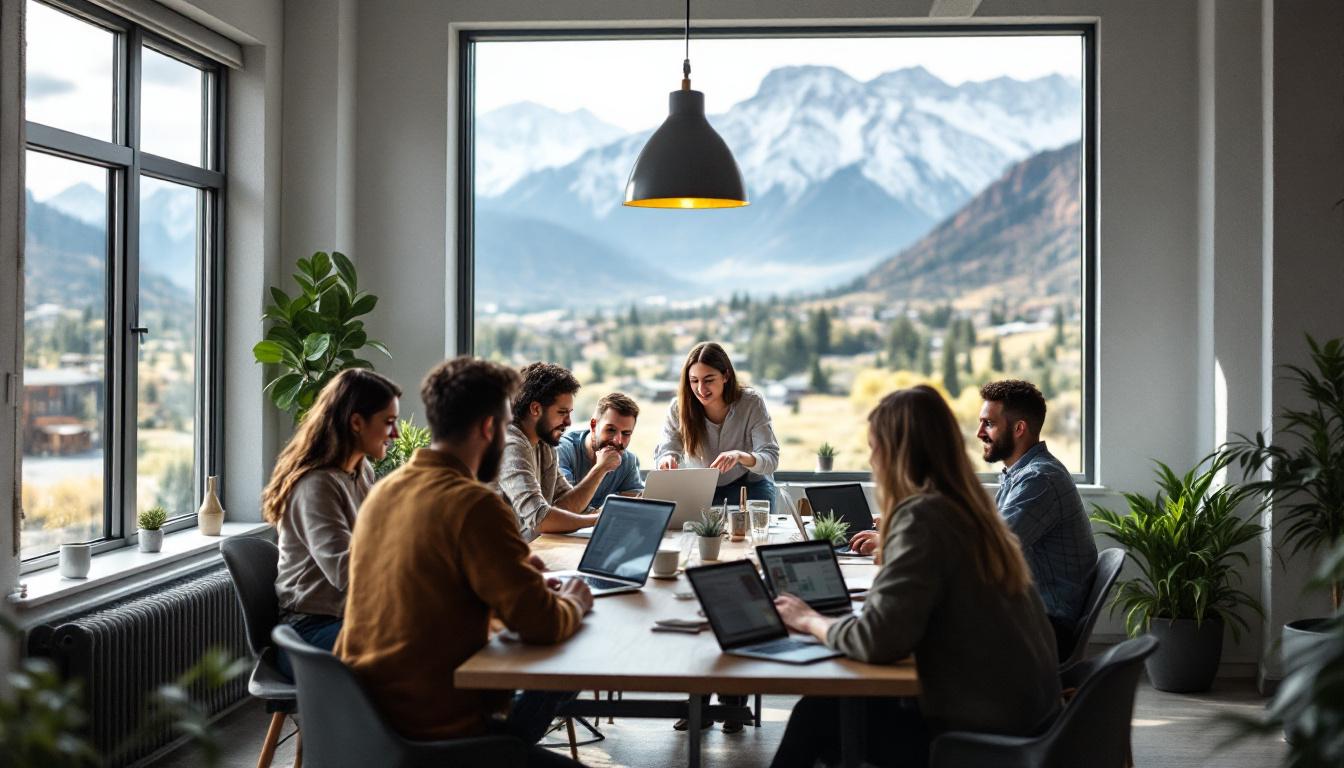 Team collaborating at table with laptops overlooking mountain valley landscape through large window