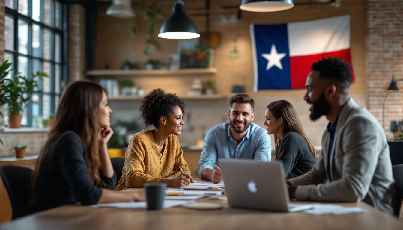 Diverse business team collaborating at table with laptop in modern Texas office with state flag