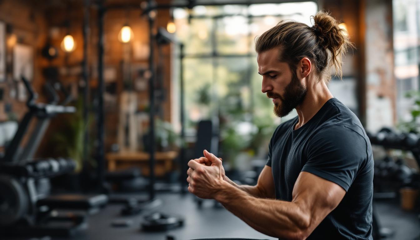 Fit male trainer in black shirt demonstrating exercise form in modern gym with equipment and natural lighting