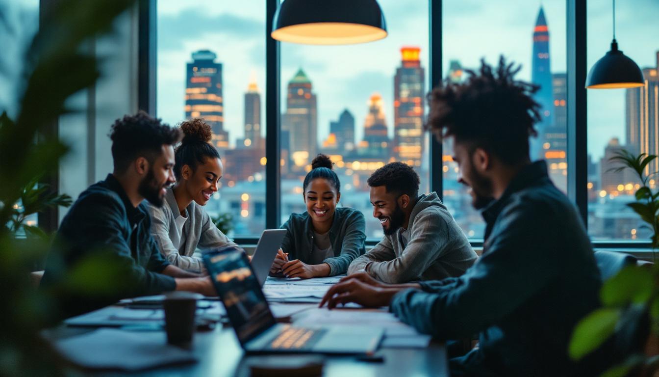 Diverse team collaborating at high-rise office table with city skyline view during business meeting