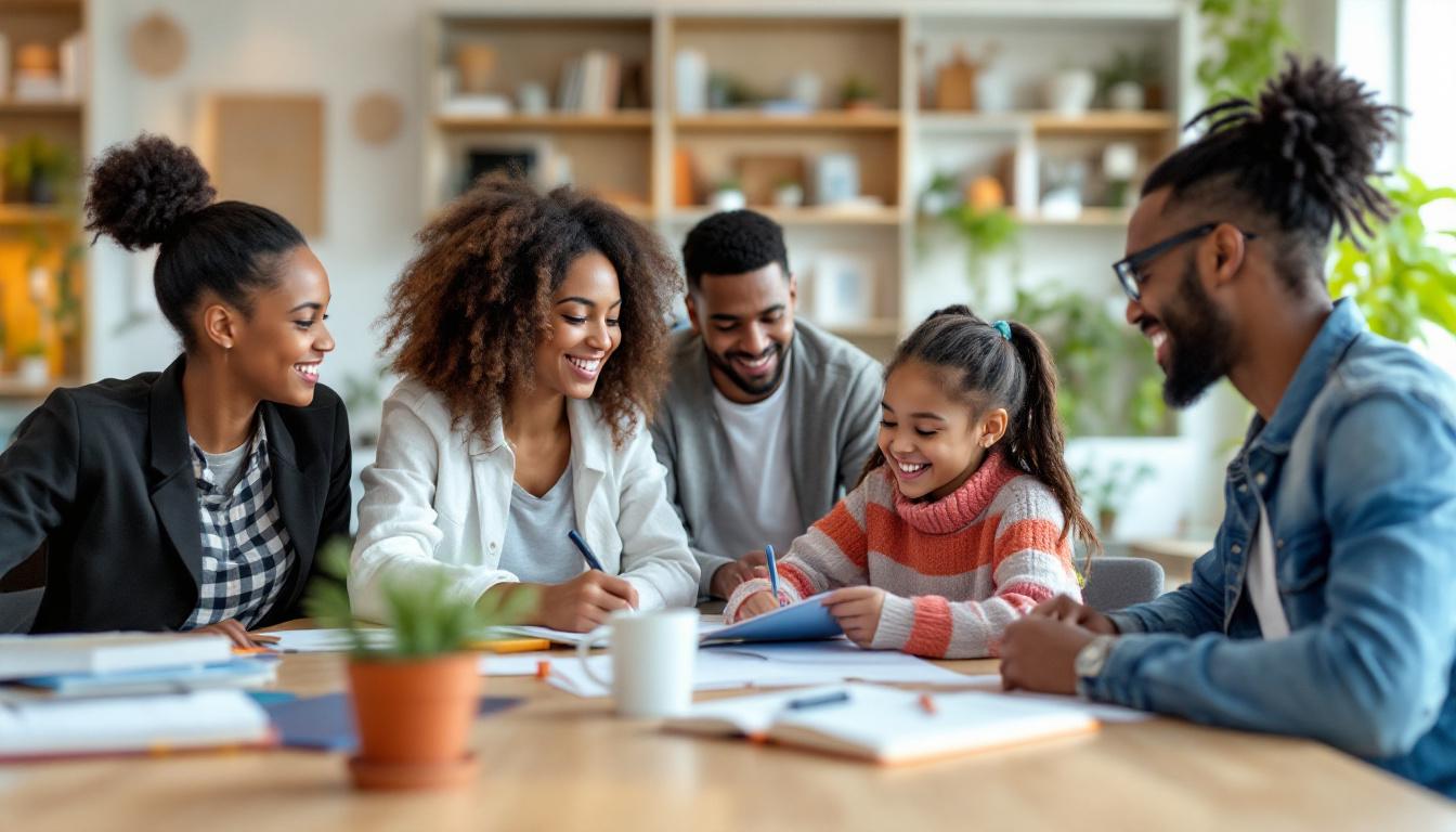 Diverse group of tutors and students smiling while learning and writing together at a wooden table in a bright classroom.