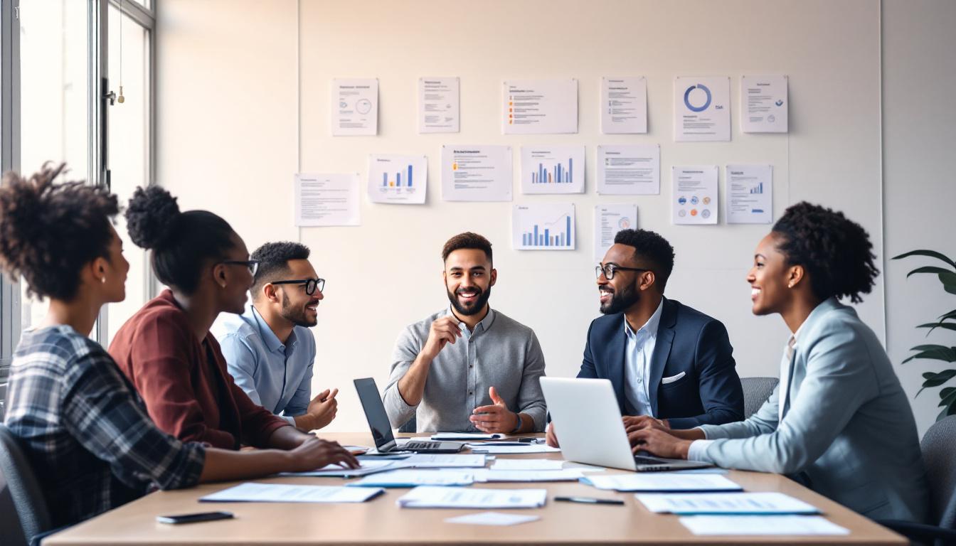 Diverse team of professionals collaborating in modern office with data analytics charts on wall behind them.