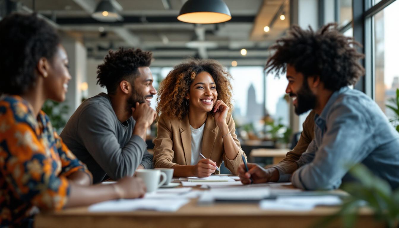 Diverse team collaborating around table in modern office workspace with city views