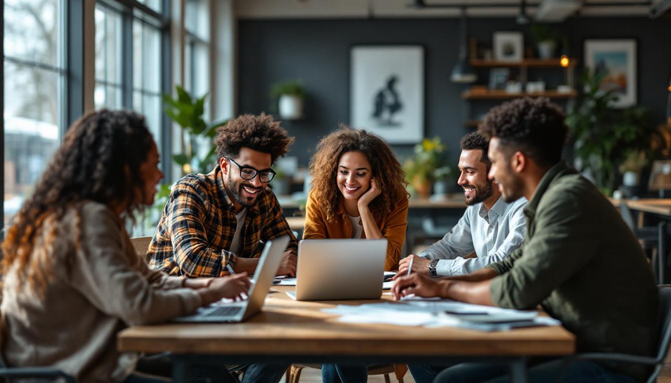 Diverse team collaborating around laptop at wooden table in modern office space with plants and natural light