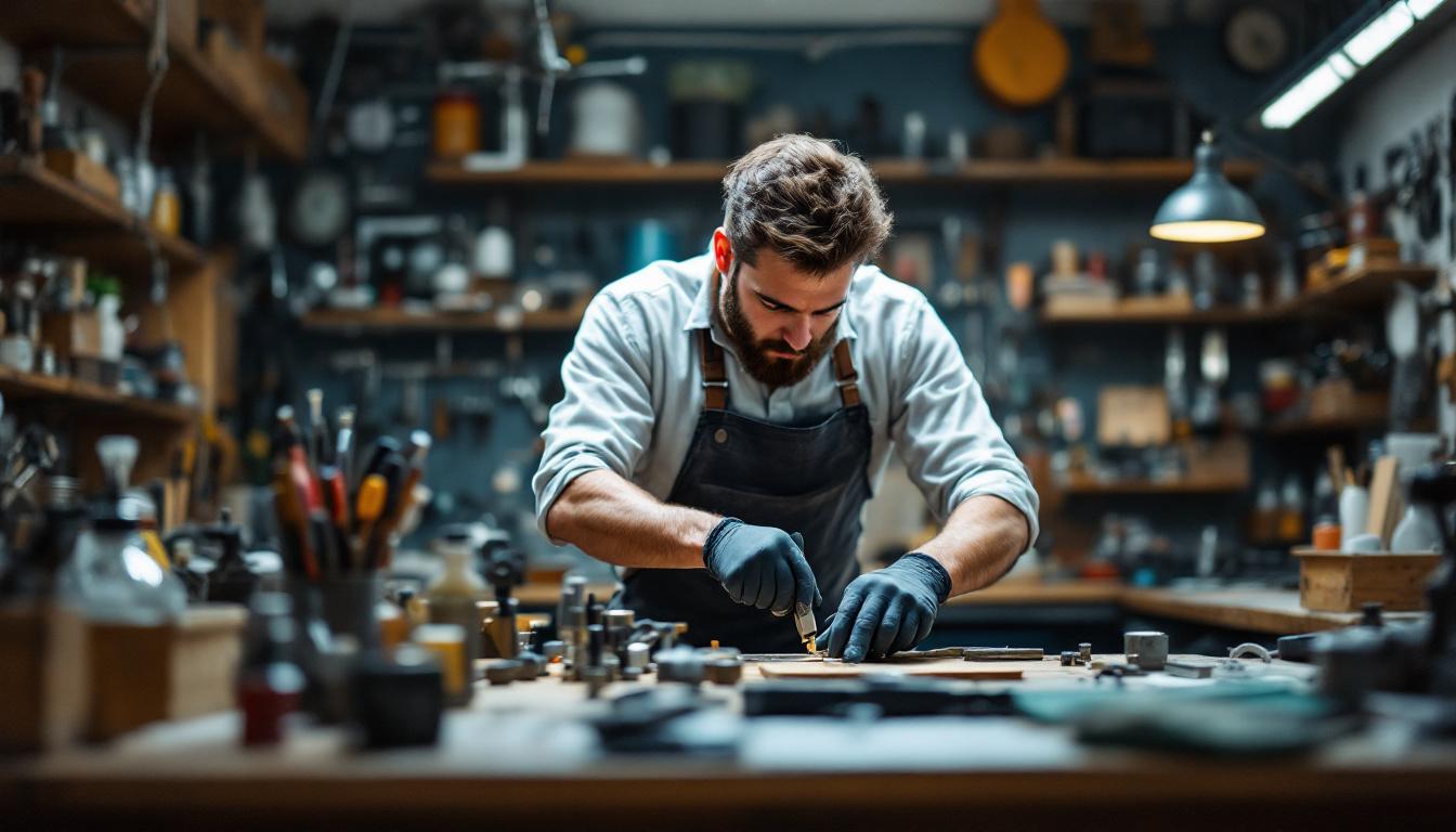 Bearded craftsman in apron working on lock mechanisms at organized workbench with tools in workshop