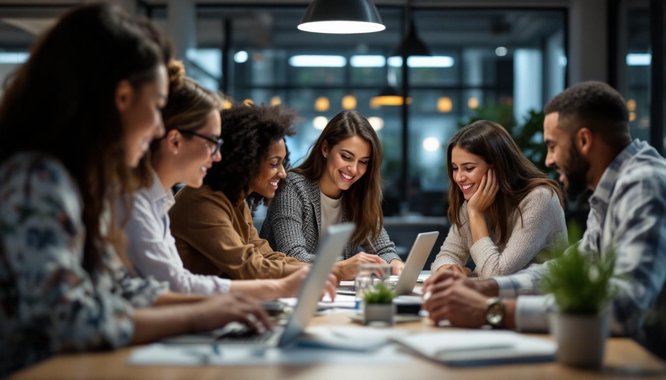 Diverse team of professionals collaborating around laptops in a modern office workspace during a business meeting.