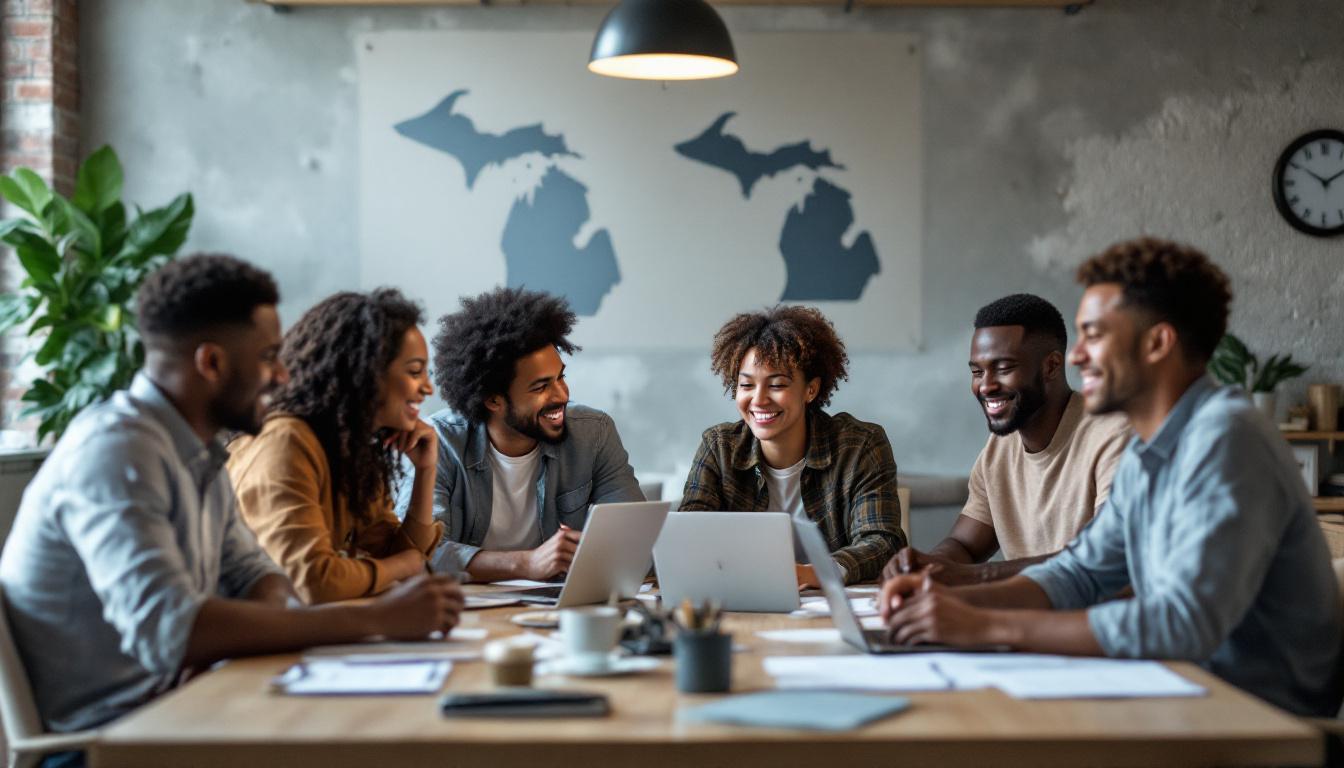 Diverse business team collaborating around table with laptops and documents in modern Michigan office.