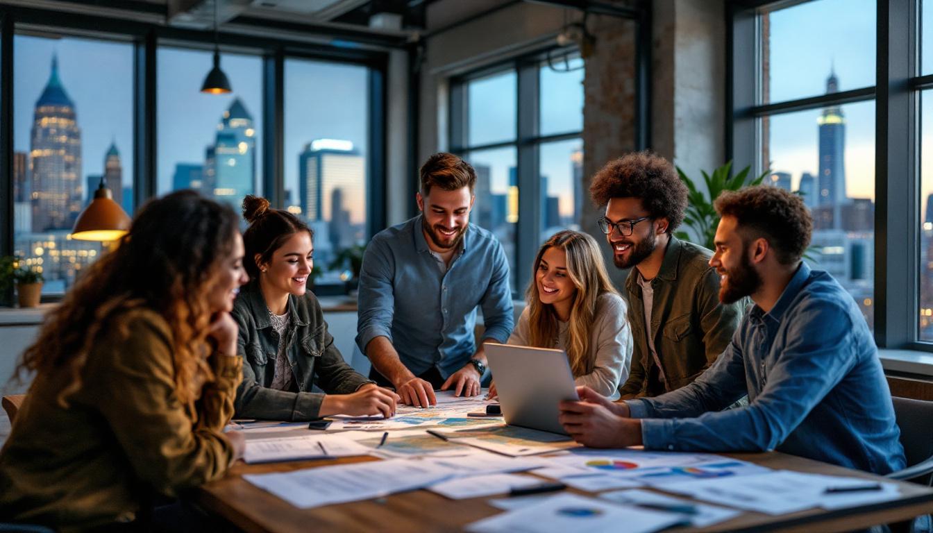 Diverse startup team collaborating around table with laptops and documents in modern high-rise office with city skyline view