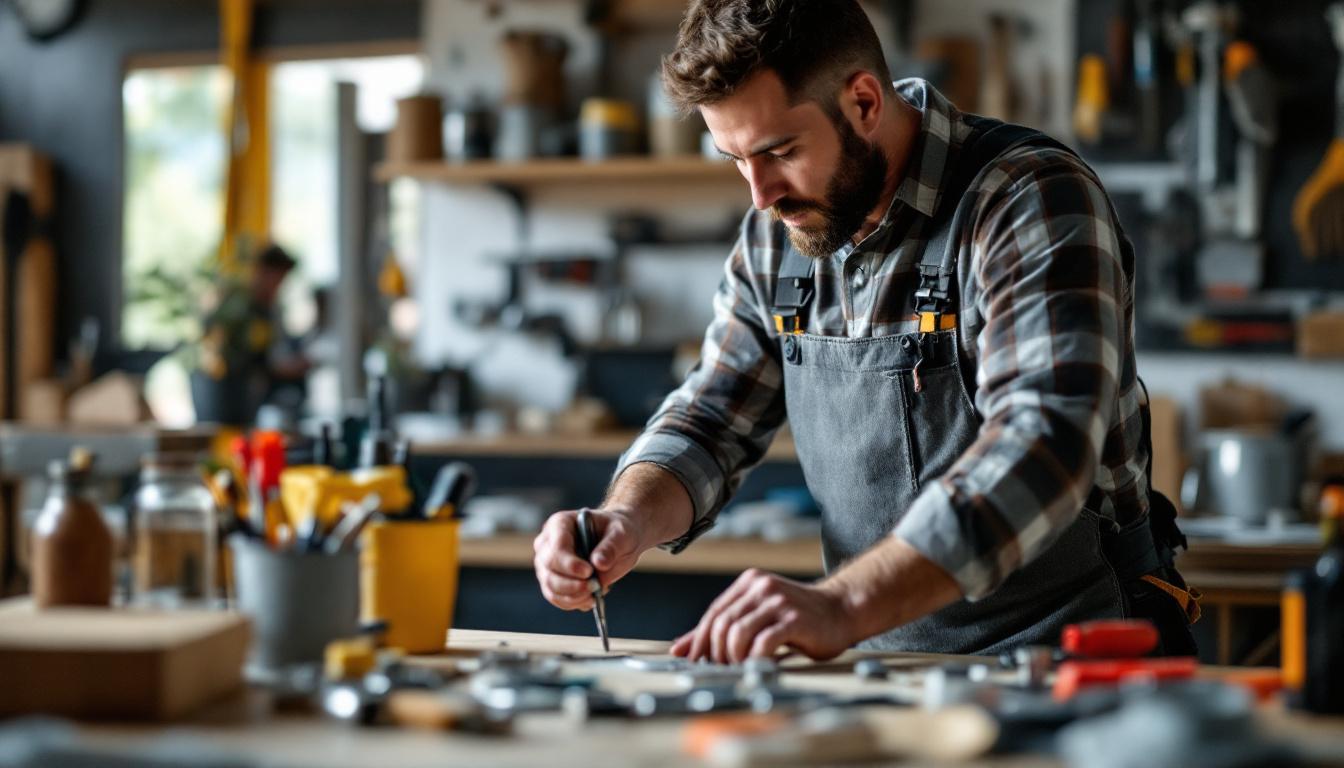 Bearded craftsman working at workbench with tools in workshop