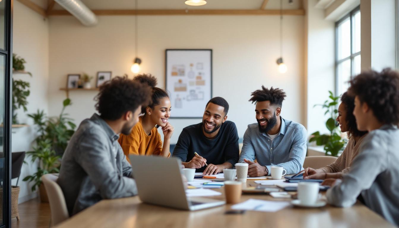 Diverse team collaborating at a table during a business meeting in a modern office space.