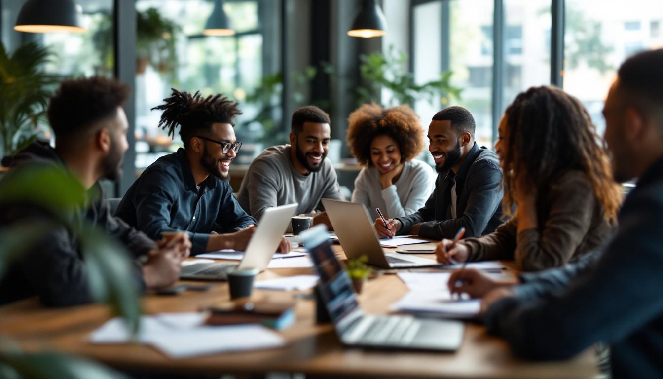 Diverse team collaborating at wooden table with laptops and documents in modern office with plants and natural light