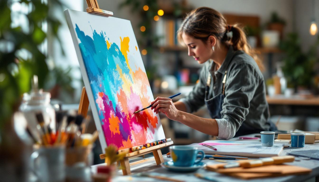 Artist painting colorful abstract artwork on canvas at creative studio workspace with supplies