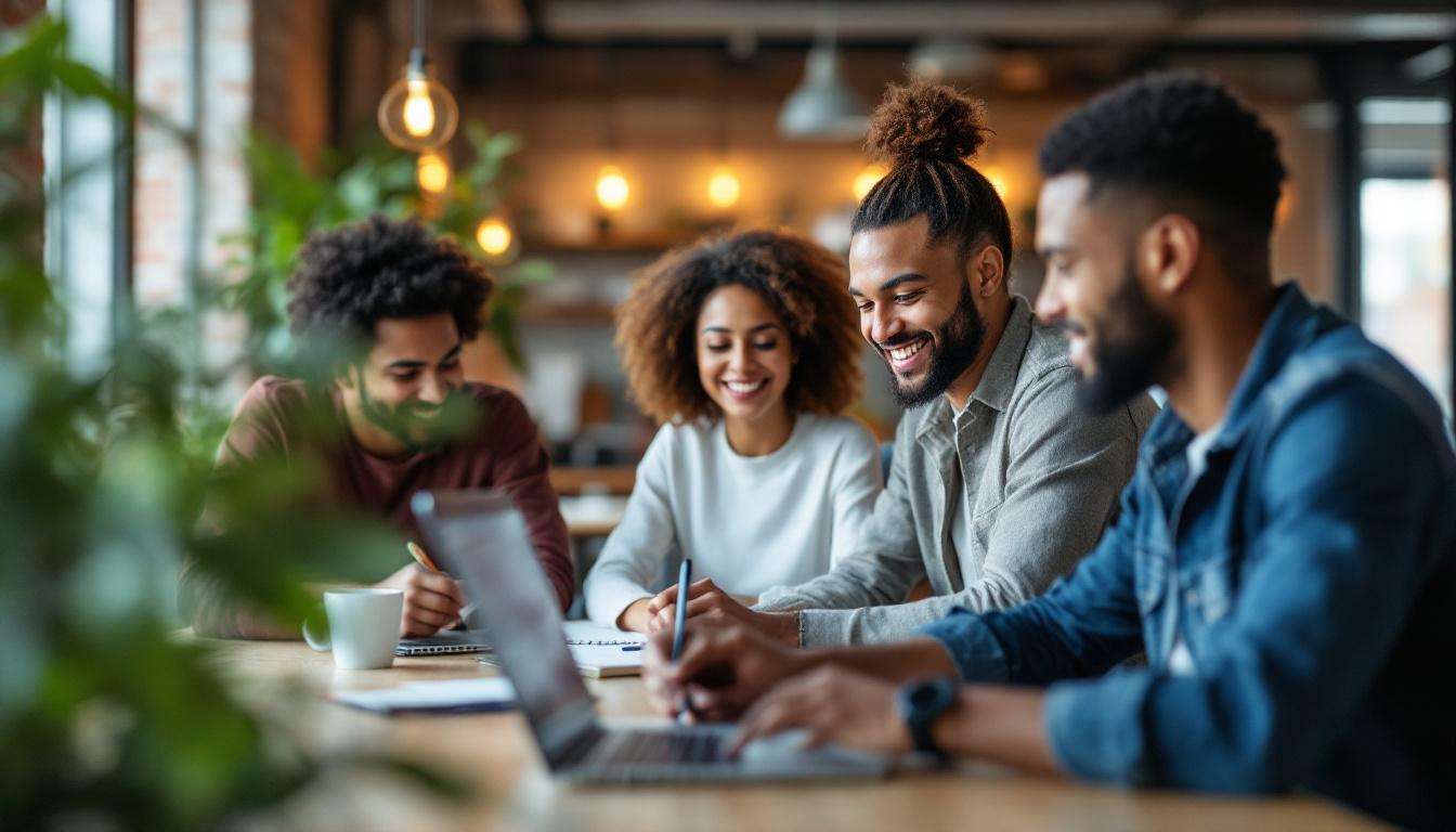 Diverse team of professionals collaborating at table with laptops and notebooks in modern office space