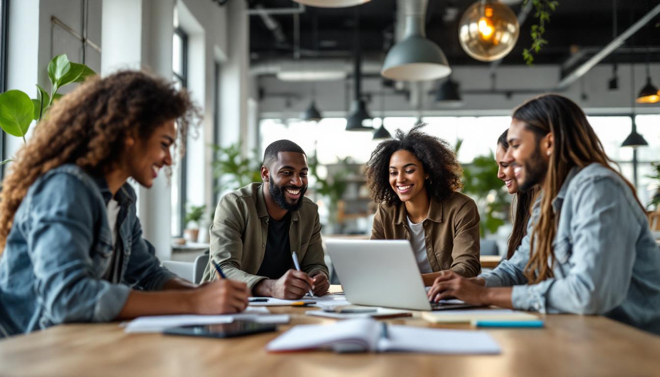 Diverse team collaborating on business plan with laptop and documents at modern office table