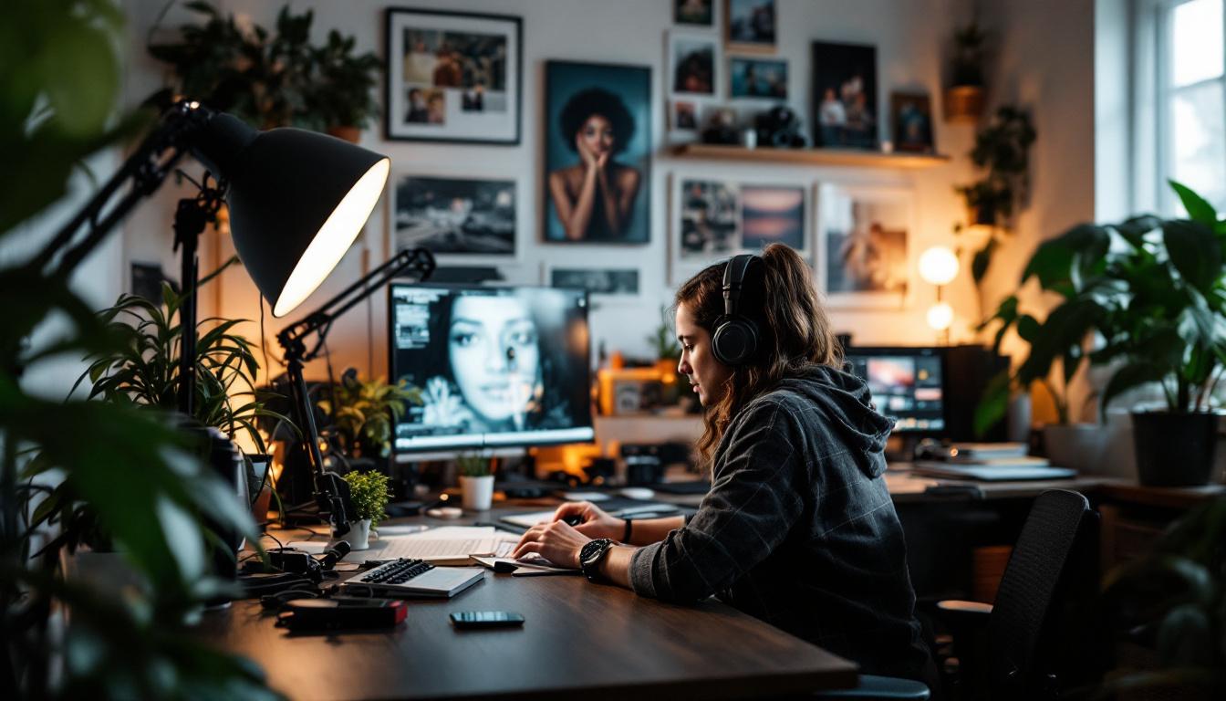 Woman wearing headphones working on photo editing software at a desk with professional lighting and studio setup