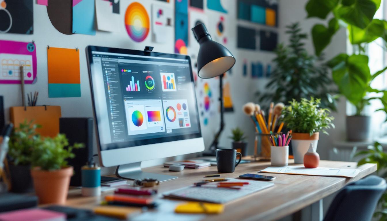 Creative designer workspace with computer displaying colorful graphics, design tools, and plants on desk