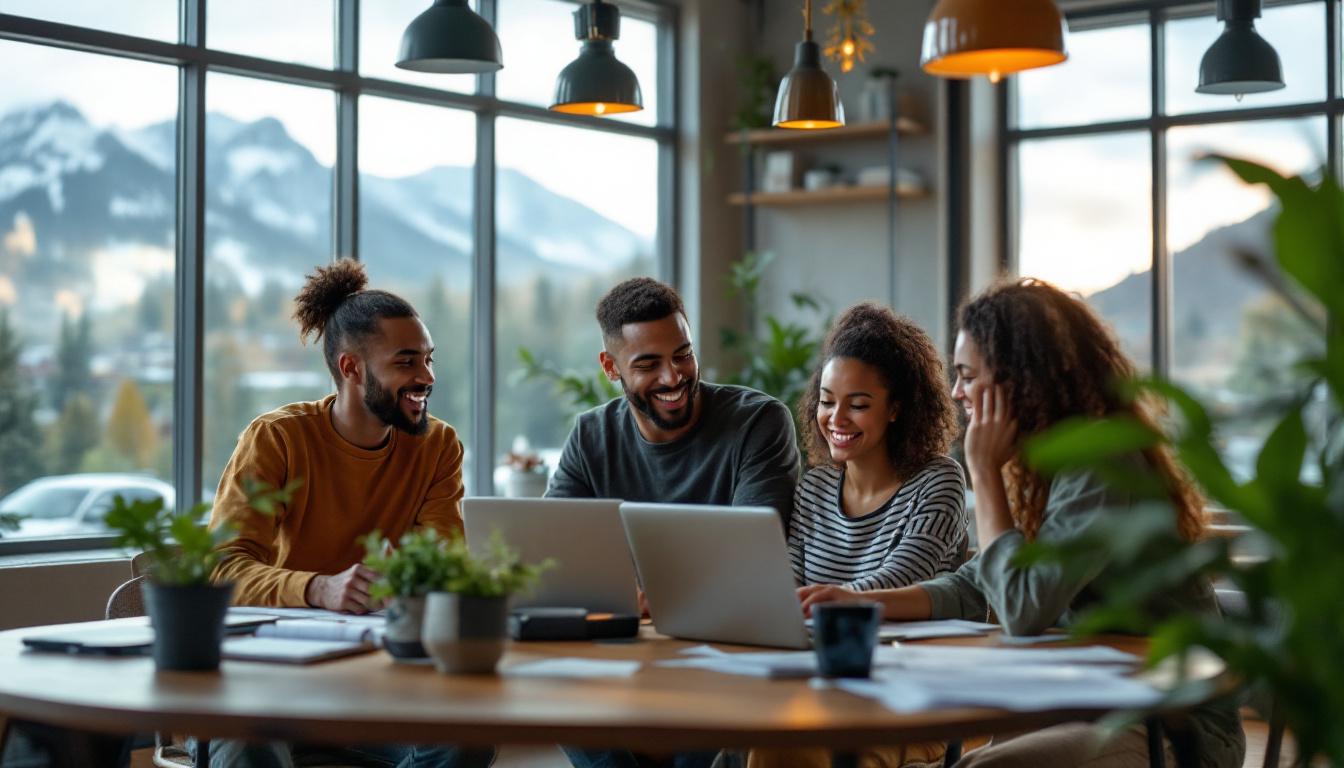 Diverse team collaborating on laptop at modern office with mountain views