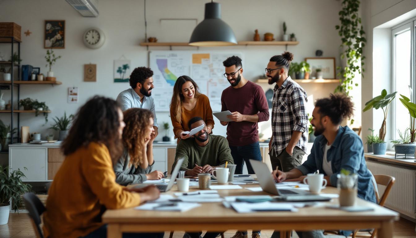 Diverse team collaborating in modern office discussing business strategy and planning