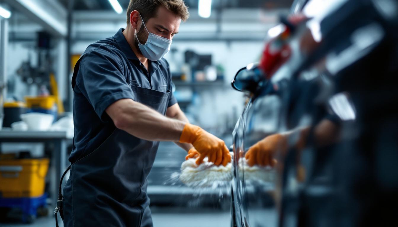 Professional car detailer in blue uniform and orange gloves washing vehicle in industrial workshop