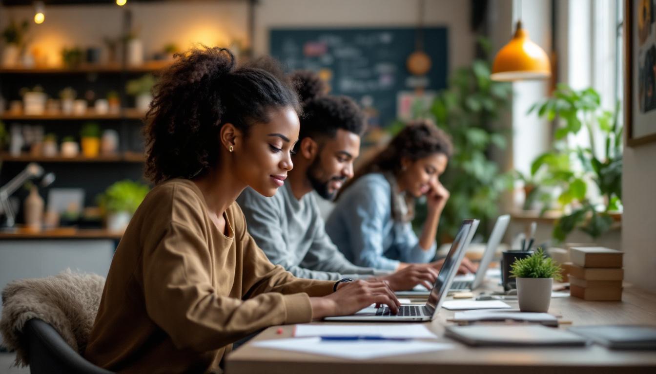 Team of diverse professionals working on laptops together in a modern office workspace with plants and natural lighting.