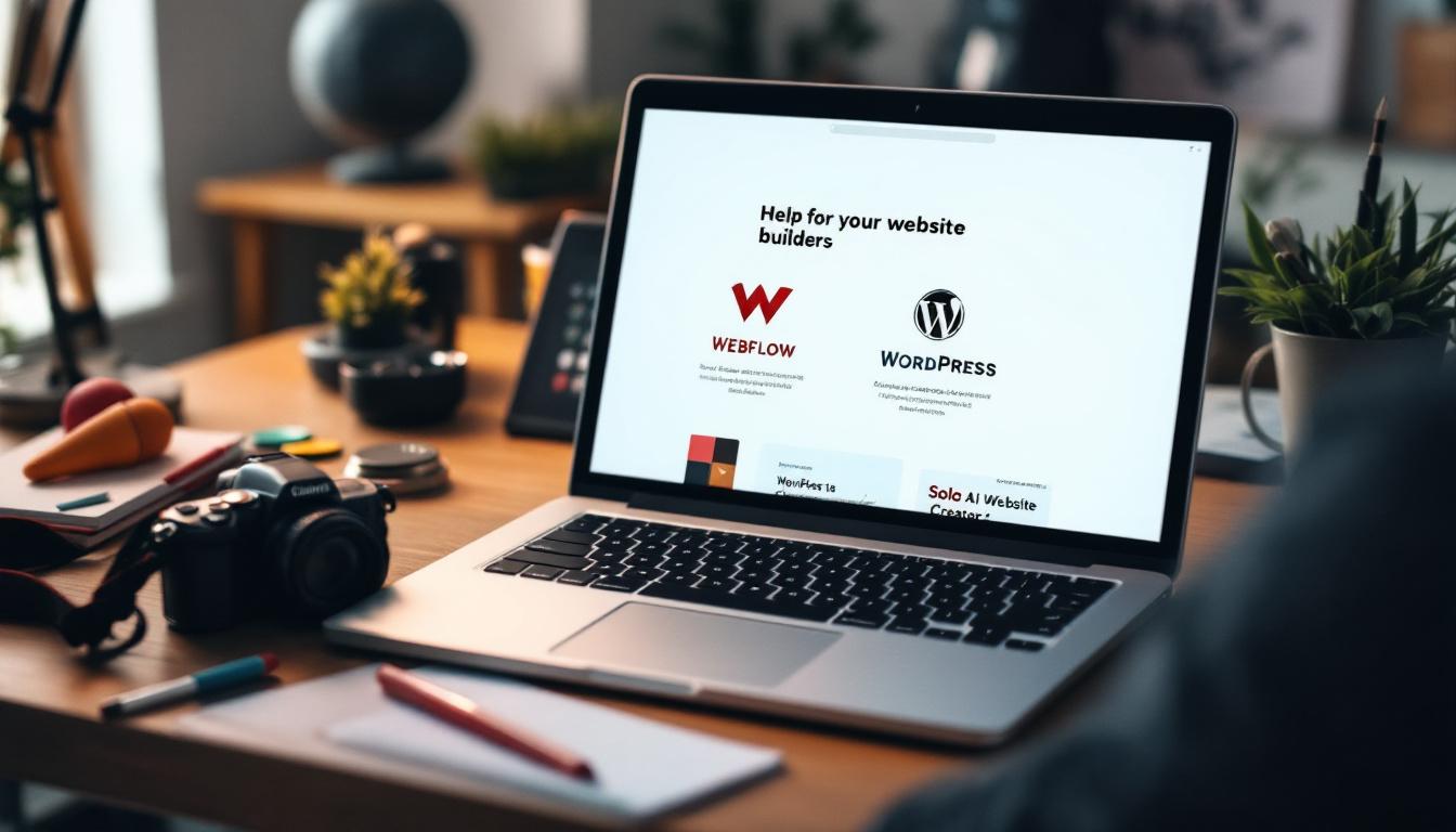 Laptop displaying website builder comparison with Webflow and WordPress logos on wooden desk with creative tools