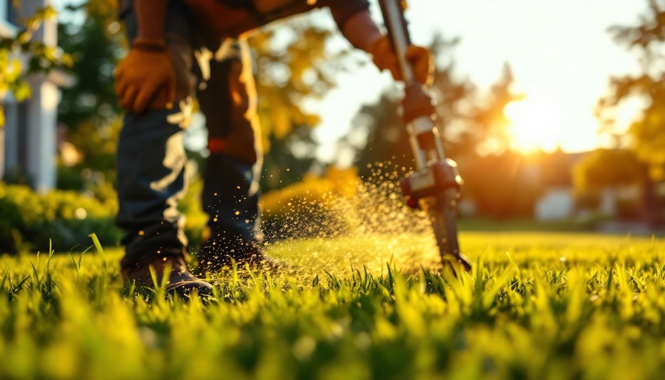 Worker spreading fertilizer on green lawn with sunset backdrop during yard maintenance
