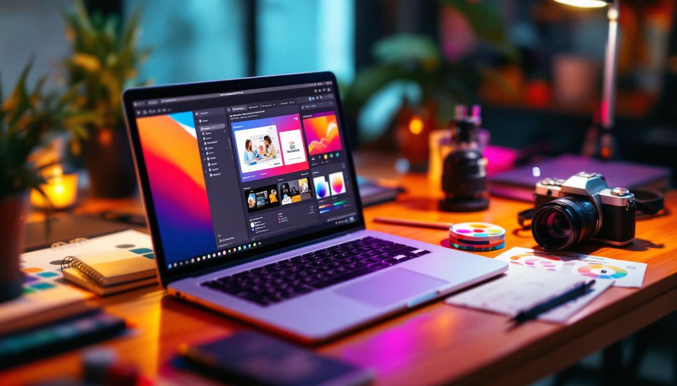 Creative workspace with laptop displaying design software, camera, color swatches, and notebook on illuminated desk