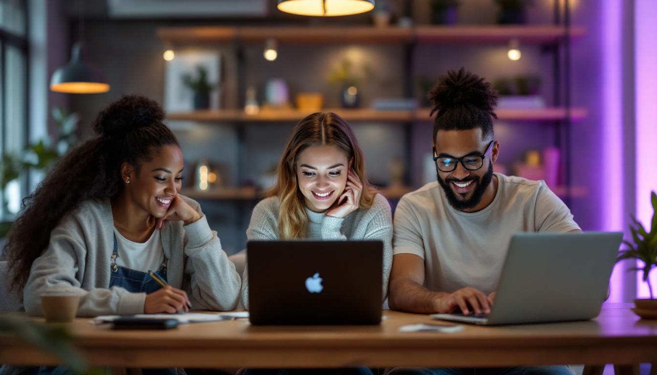 Three professionals smiling while collaborating on laptops and tablets at a modern office workspace with purple ambient