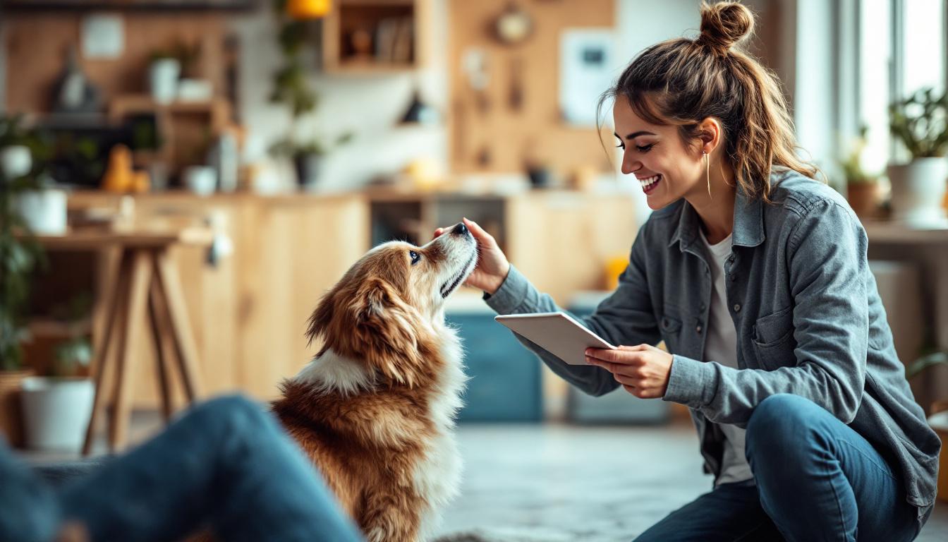 Woman with tablet training brown and white dog in modern home setting
