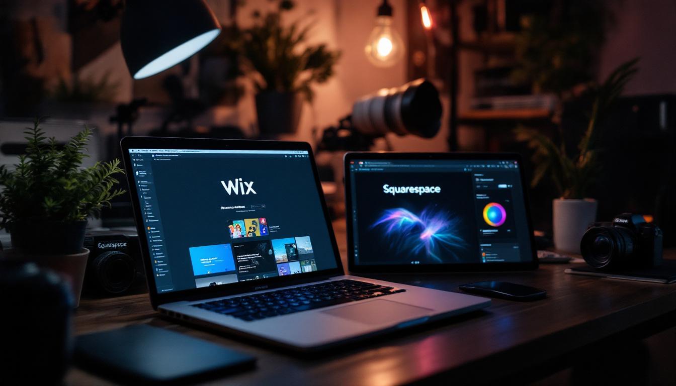 Two laptops displaying Wix and Squarespace website builders side by side on a creative workspace desk with camera equipment.