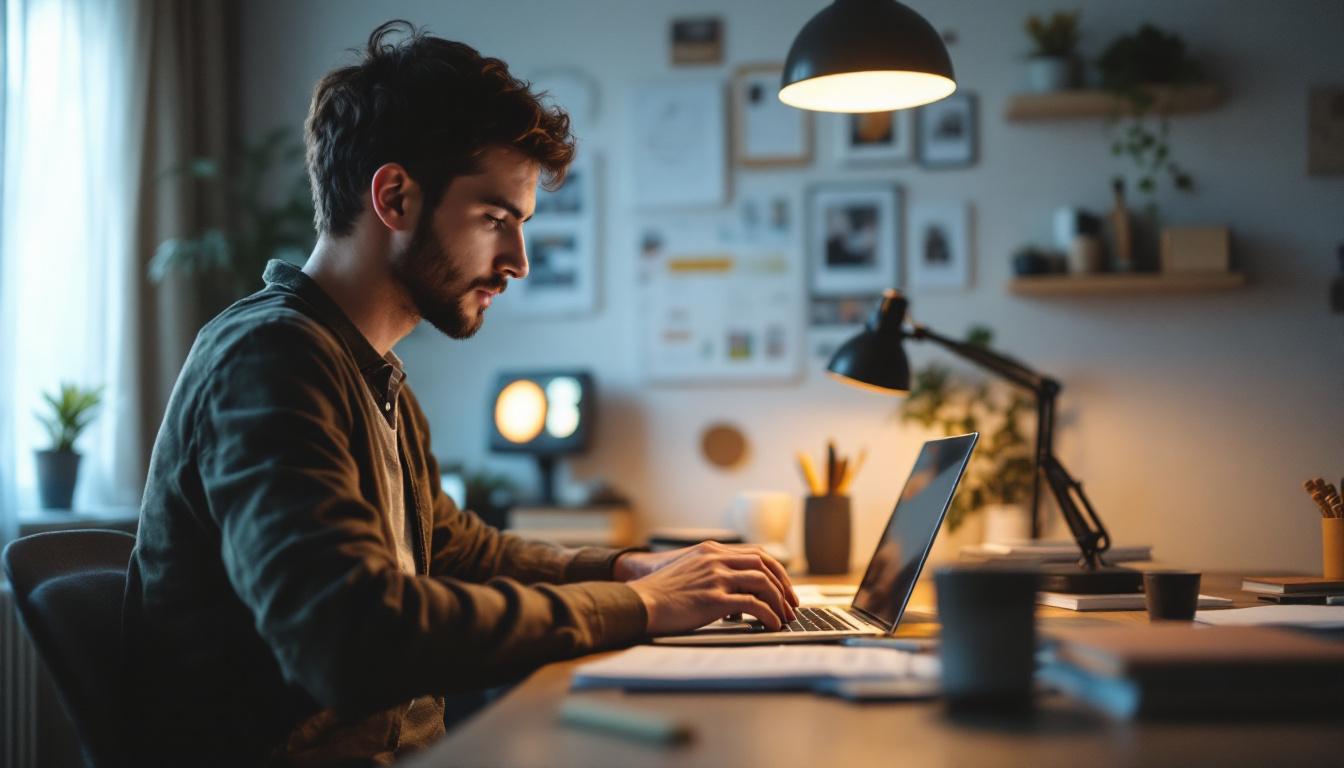 Man working at desk with laptop in modern home office with plants and pendant lighting
