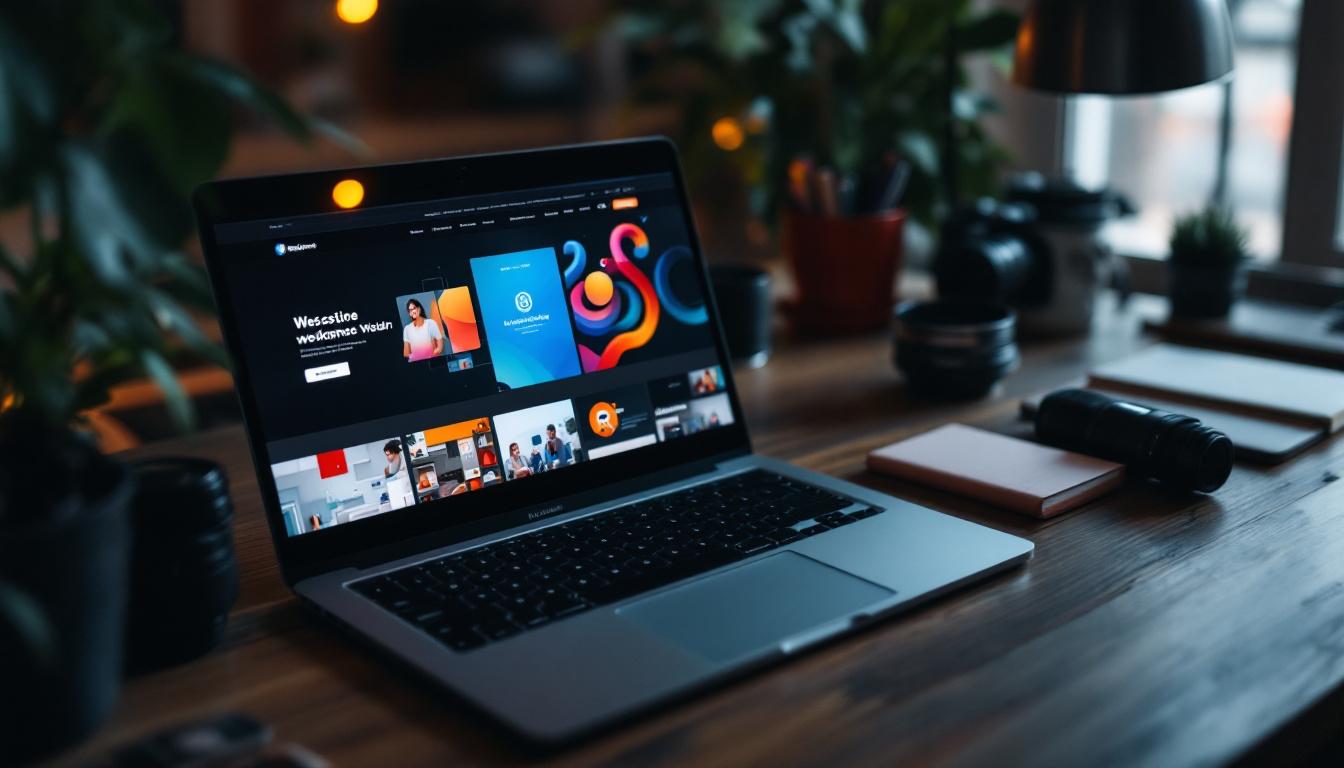 Laptop displaying website builder portfolio with colorful design templates and UI elements on wooden desk with plants and