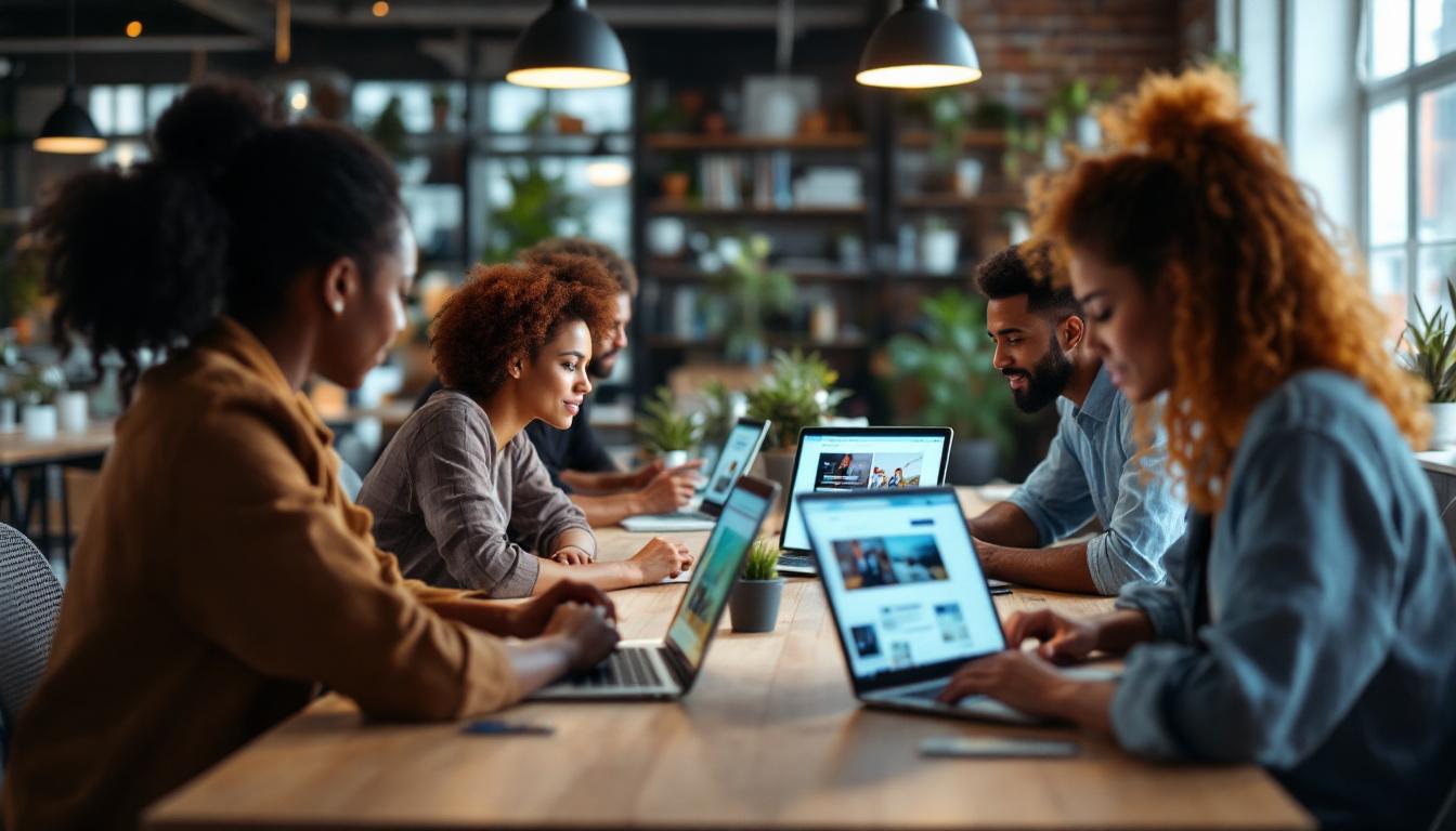 Diverse team collaborating at wooden table with laptops and tablets in modern office space