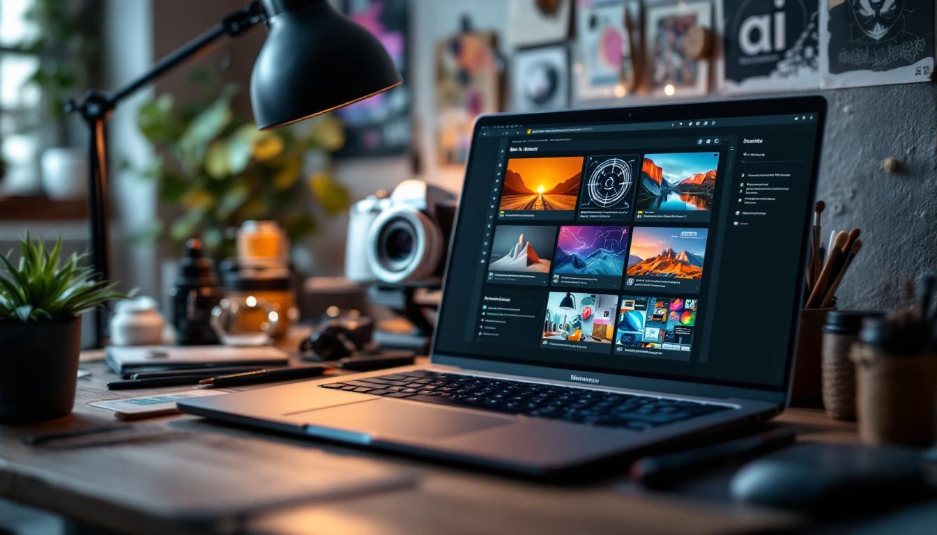 Designer workspace with laptop displaying AI-generated images gallery, creative tools, and professional desk setup with