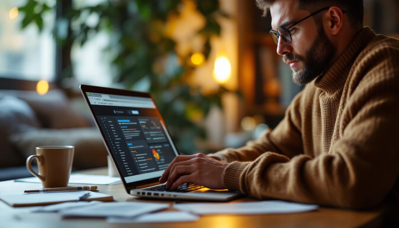 Man working on laptop with analytics dashboard in warm home office setting with coffee and plants