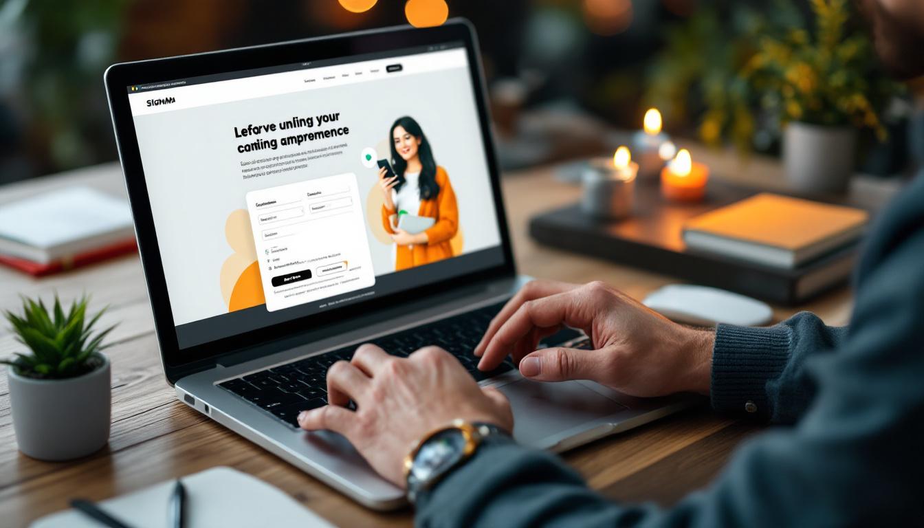 Person using laptop to view a landing page design with form, woman in orange shirt holding phone on screen, workspace with