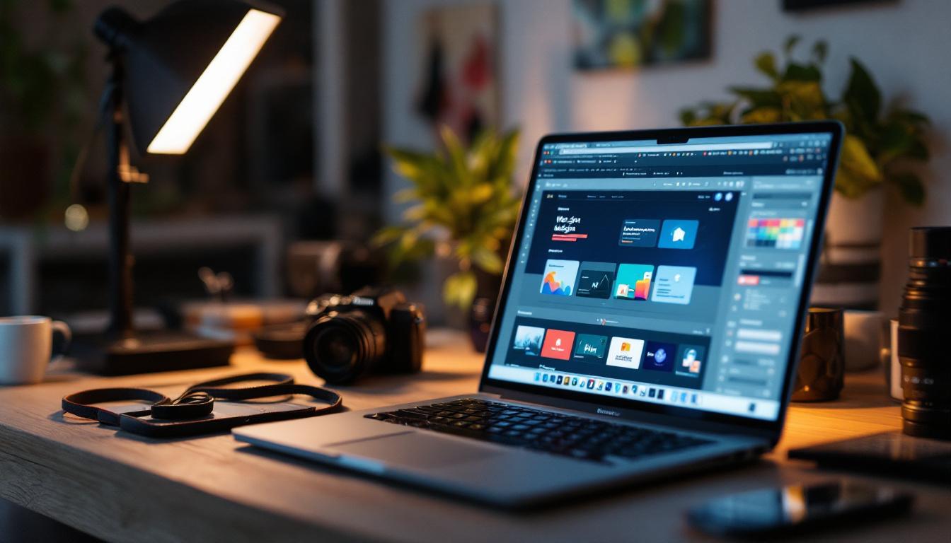 Creative workspace with laptop displaying website builder interface, headphones, camera, and desk lamp