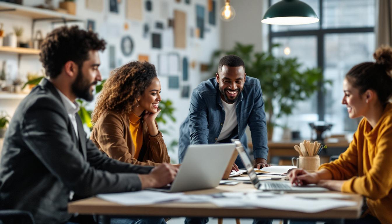 Diverse team collaborating around table with laptops in modern office space during business meeting