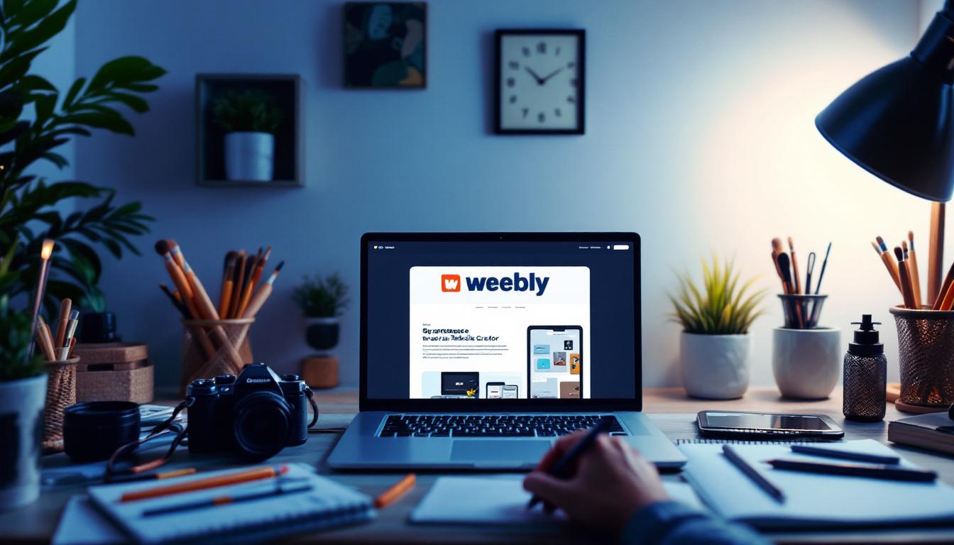 Professional workspace with laptop displaying Weebly homepage, surrounded by creative tools and office supplies on desk.