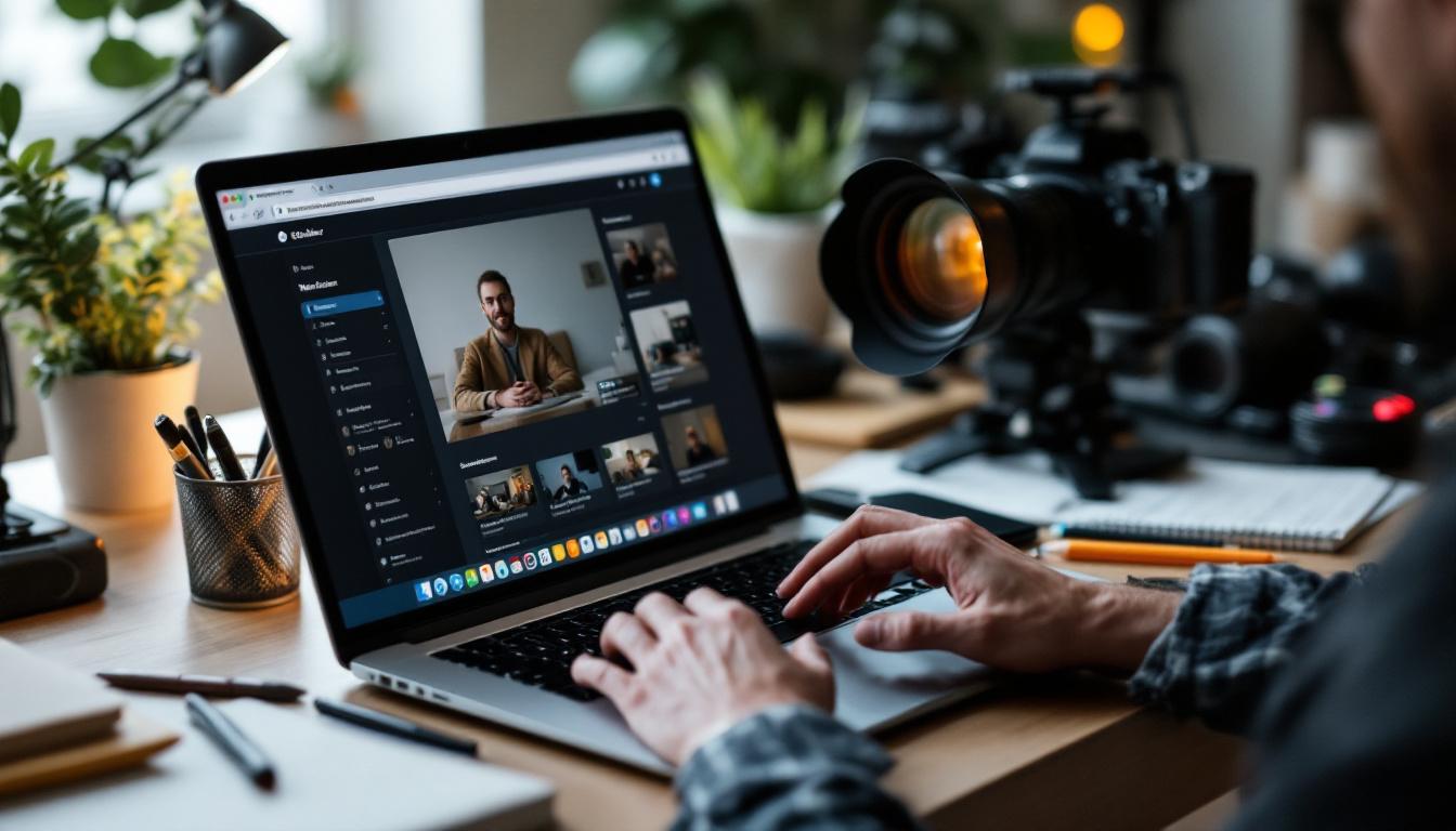 Video editor working on website content with professional camera and editing software on laptop screen